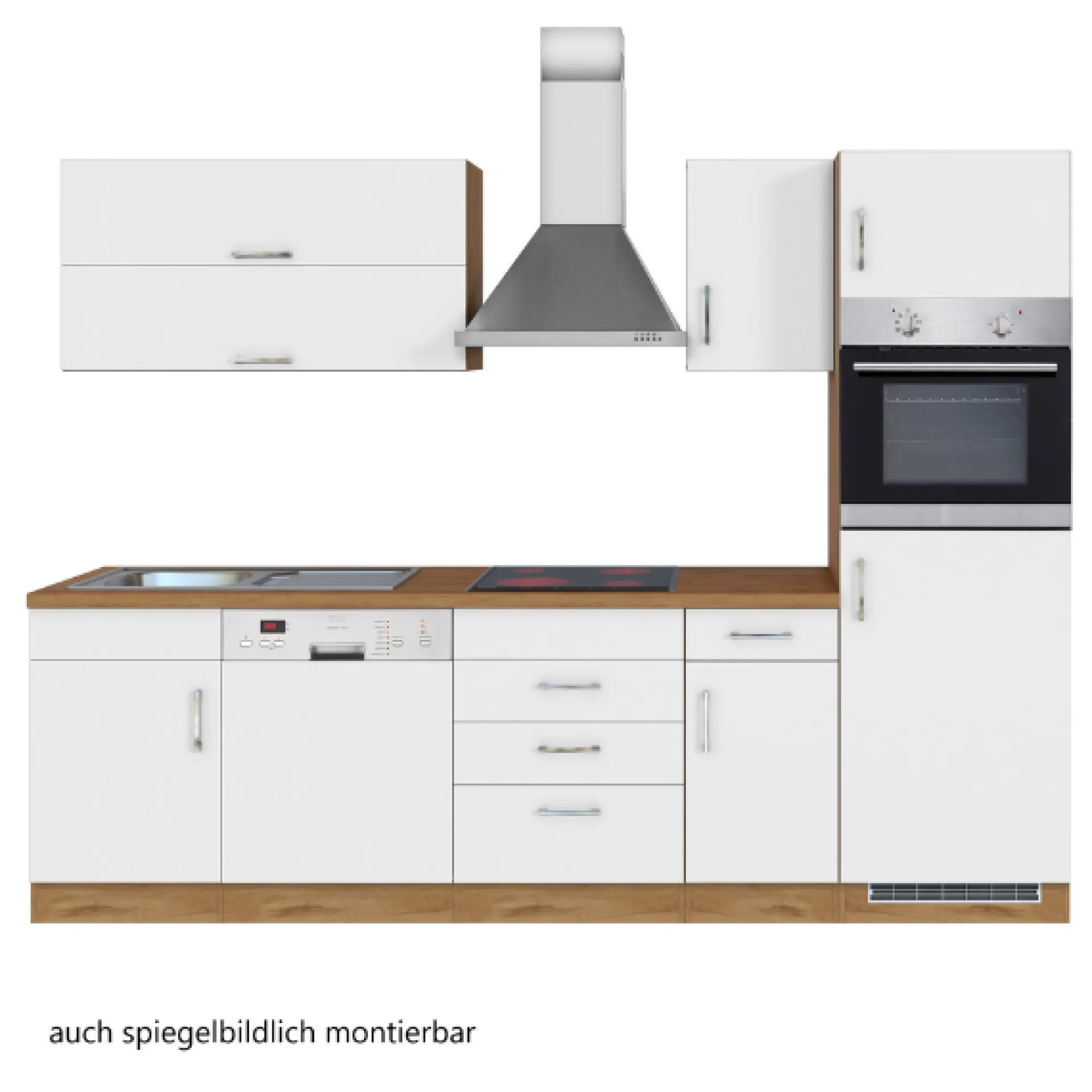Held Küchenzeile Sorrella 270cm mit Geschirrspüler, Backofen und Kühlschrank - weiß/Eiche