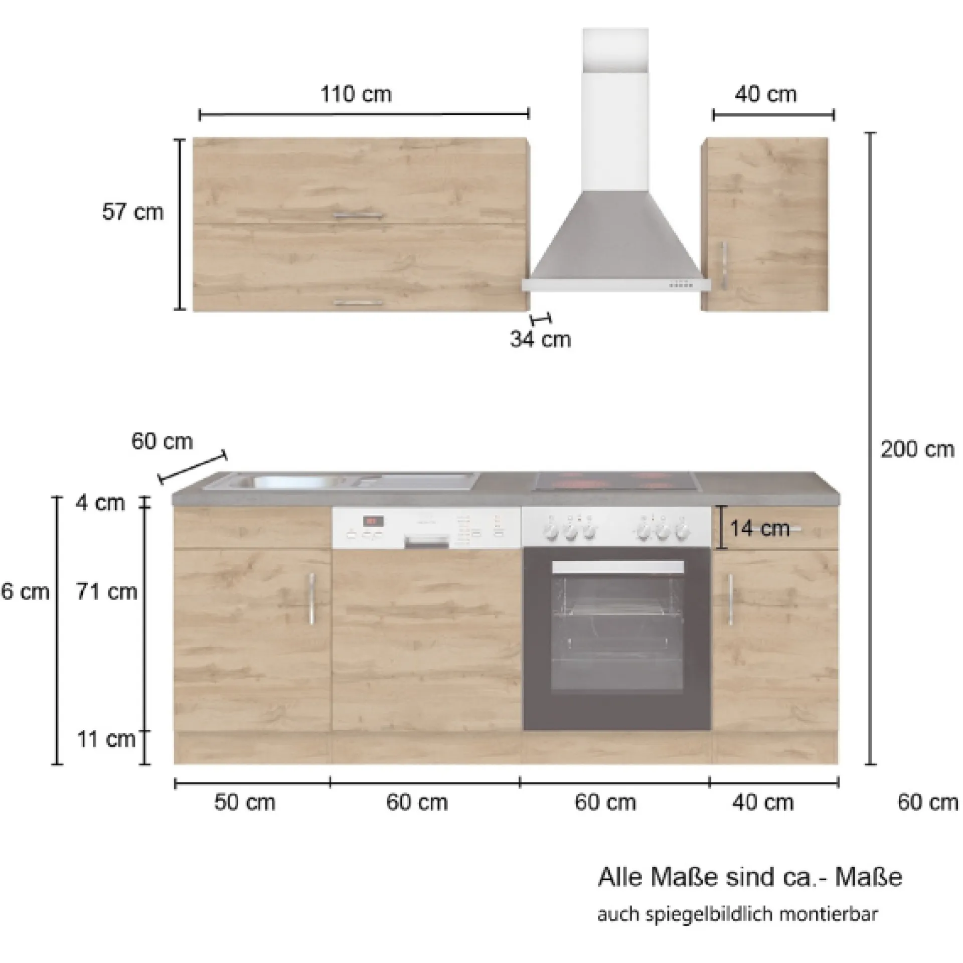 Held Küchenzeile Sorrella 210cm mit Geschirrspüler und Backofen - weiß/Eiche