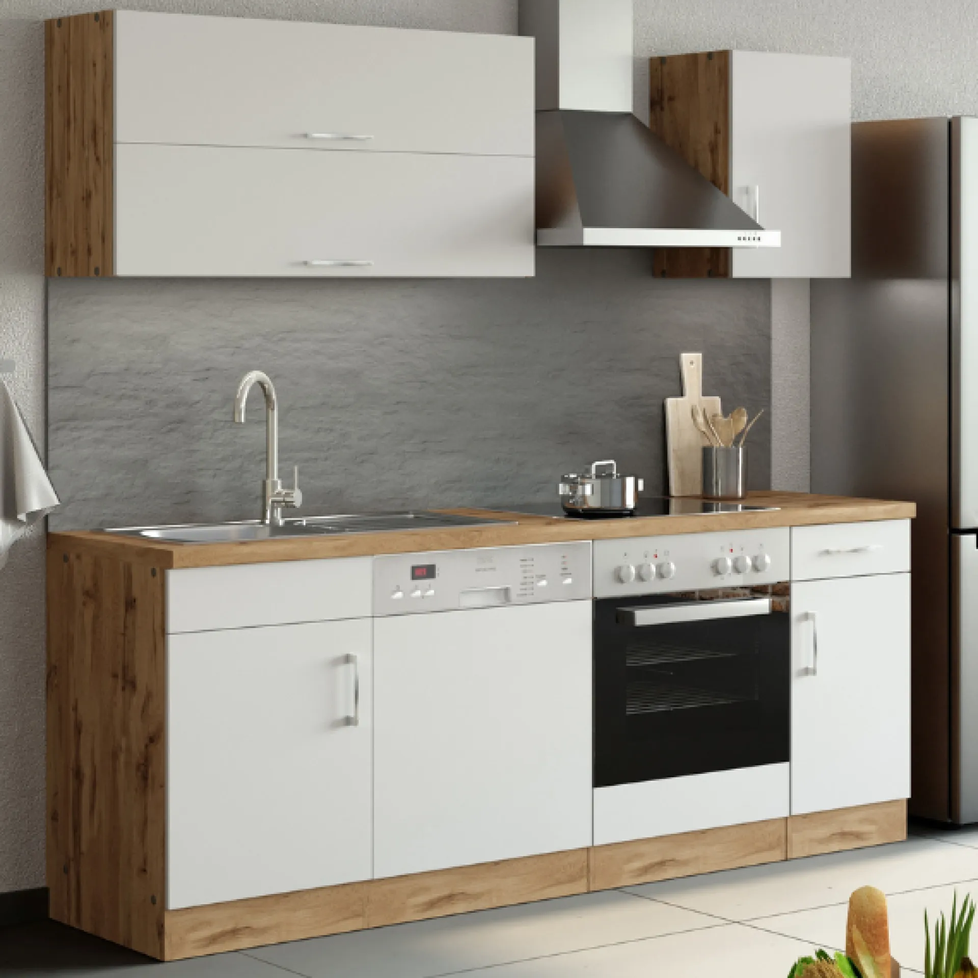 Held Küchenzeile Sorrella 210cm mit Geschirrspüler und Backofen - weiß/Eiche