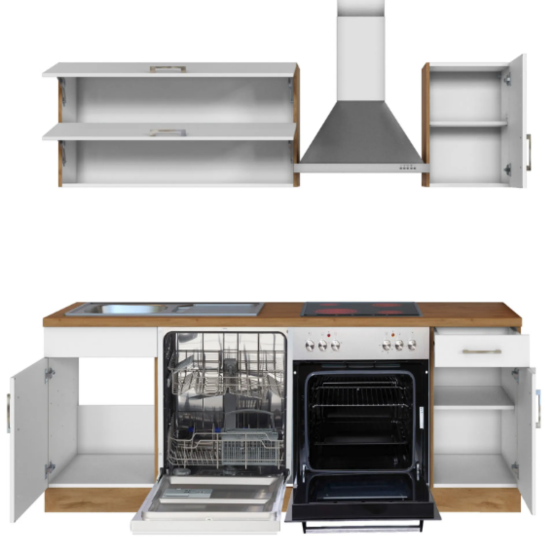 Held Küchenzeile Sorrella 210cm mit Geschirrspüler und Backofen - weiß/Eiche