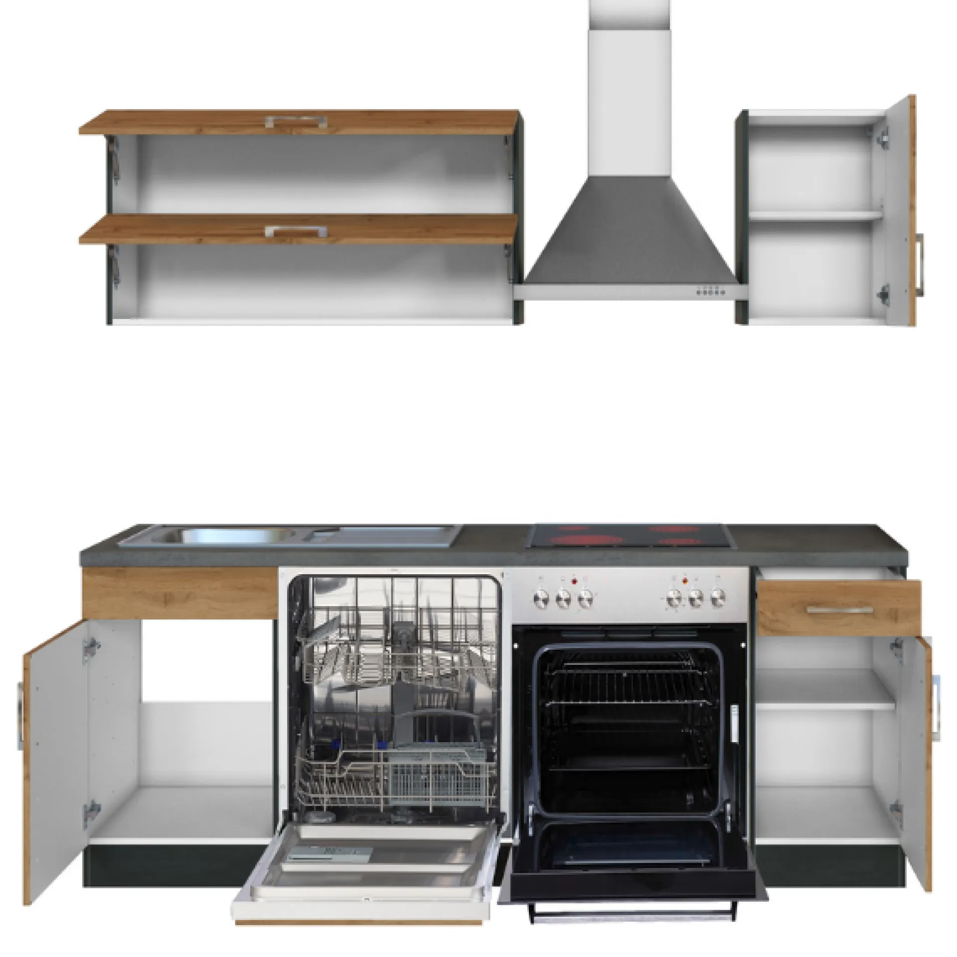 Held Küchenzeile Sorrella 210cm mit Geschirrspüler und Backofen - Eiche/Graphit