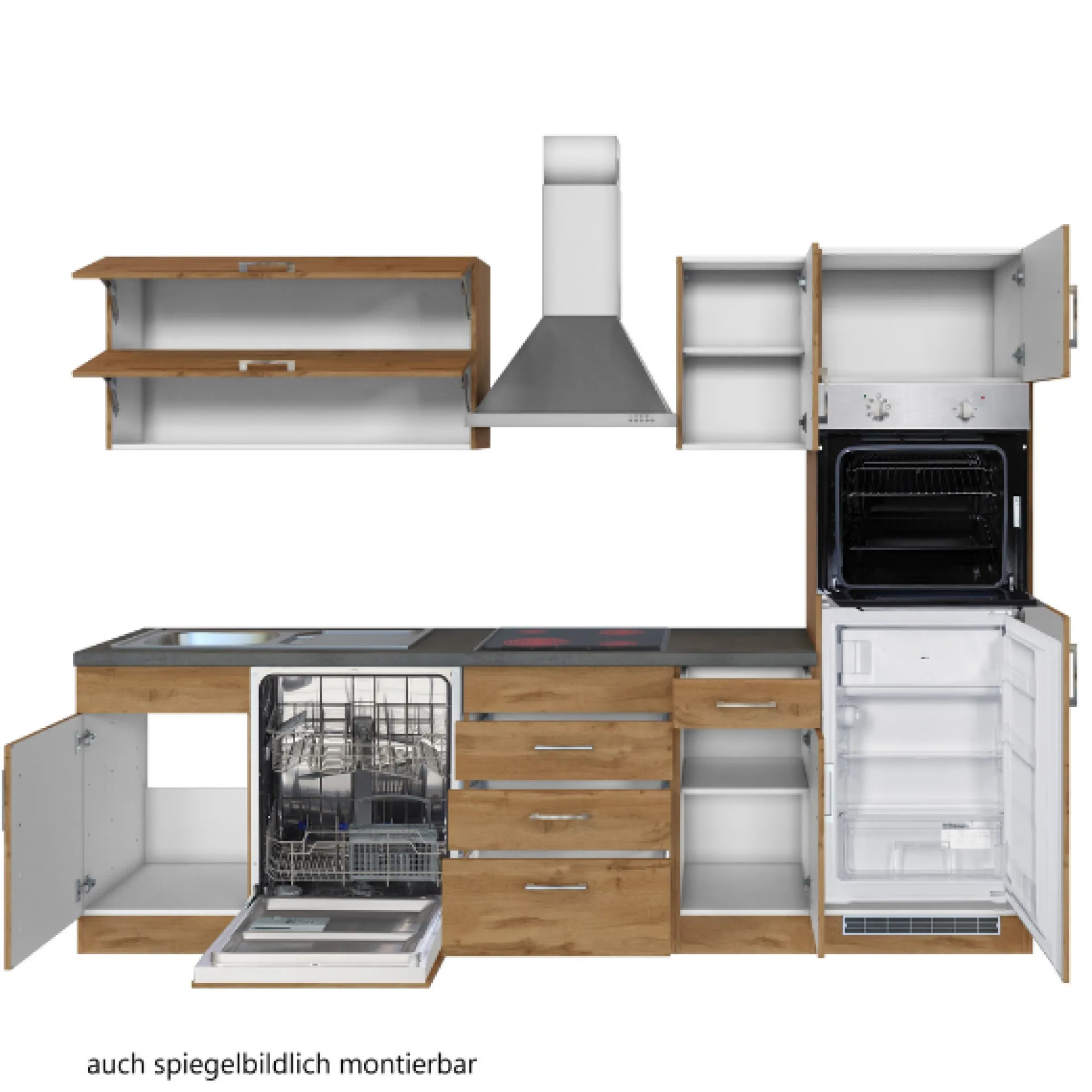 Held Küchenzeile Sorrella 270cm mit Geschirrspüler, Backofen und Kühlschrank - Eiche