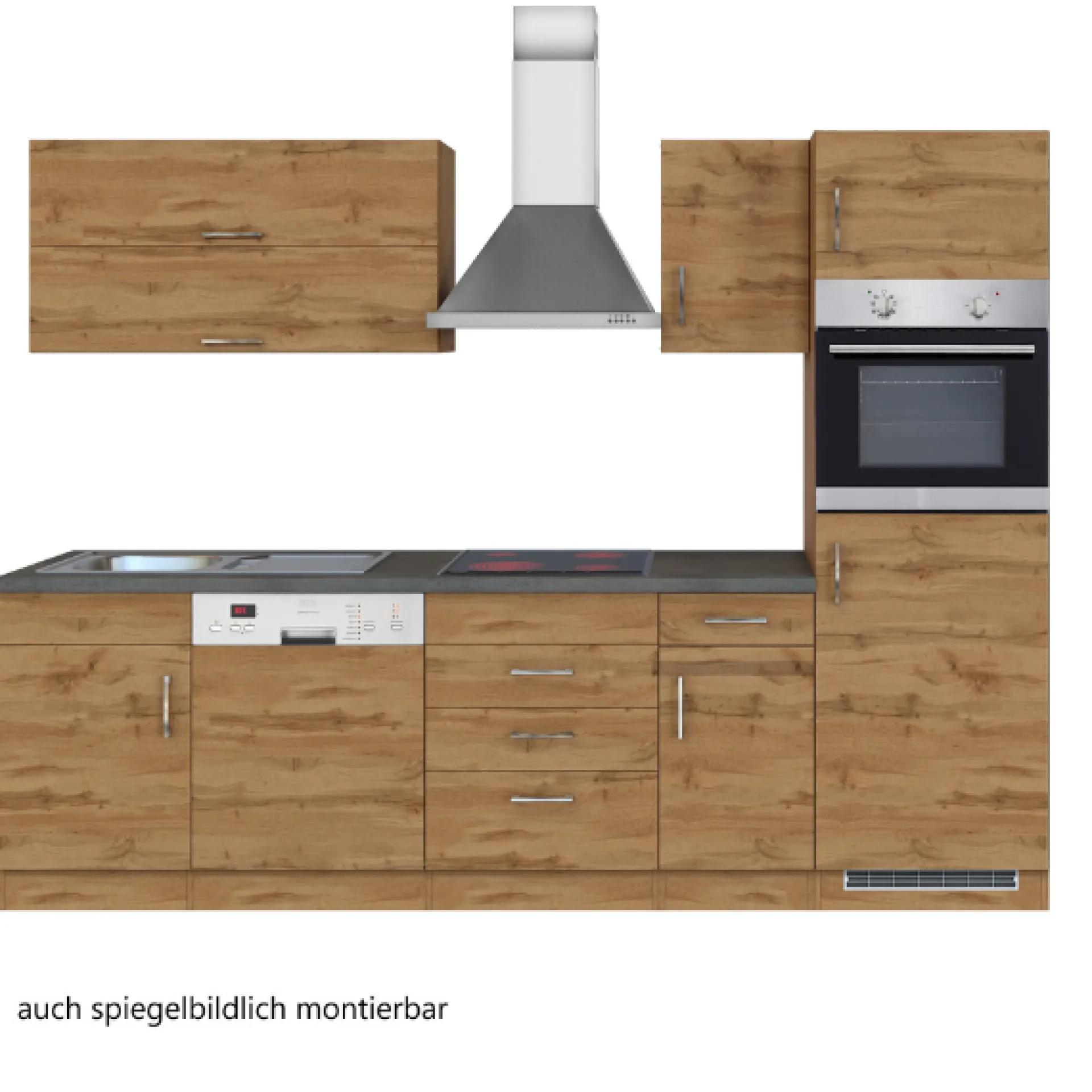Held Küchenzeile Sorrella 270cm mit Geschirrspüler, Backofen und Kühlschrank - Eiche