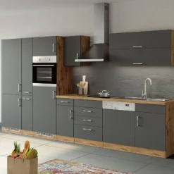 Held Küchenzeile Sorrella 360cm mit Geschirrspüler, Backofen, Kühlschrank und Gefrierschrank - Anthrazit/Eiche