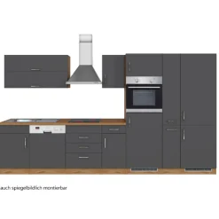 Held Küchenzeile Sorrella 360cm mit Geschirrspüler, Backofen, Kühlschrank und Gefrierschrank - Anthrazit/Eiche