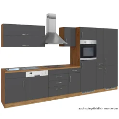 Held Küchenzeile Sorrella 360cm mit Geschirrspüler, Backofen, Kühlschrank und Gefrierschrank - Anthrazit/Eiche