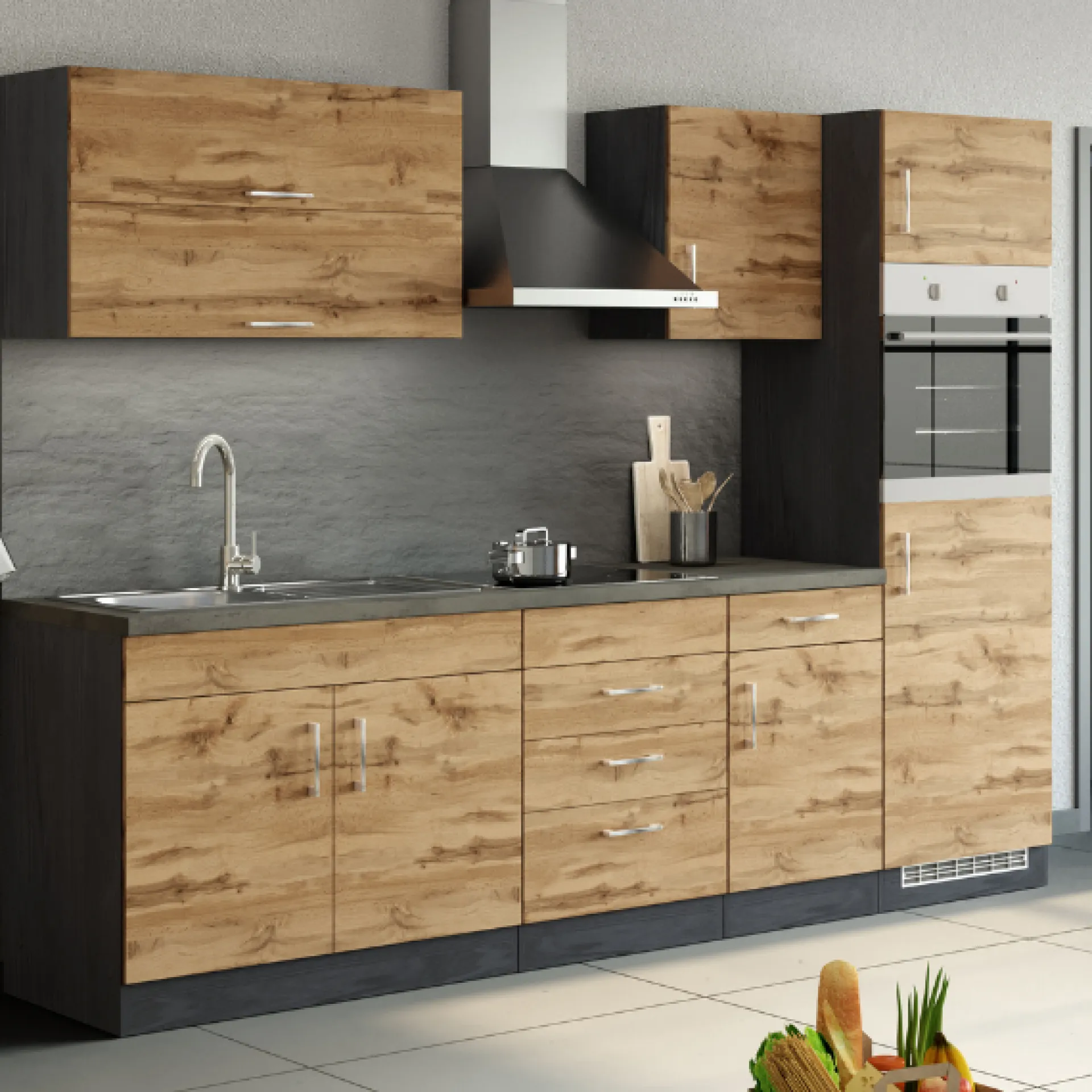 Held Küchenzeile Sorrella 270cm mit Platz für Backofen und Kühlschrank - Eiche/Graphit