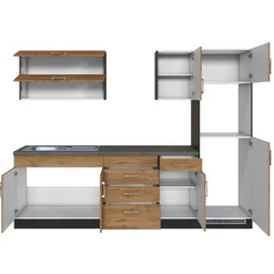 Held Küchenzeile Sorrella 270cm mit Platz für Backofen und Kühlschrank - Eiche/Graphit