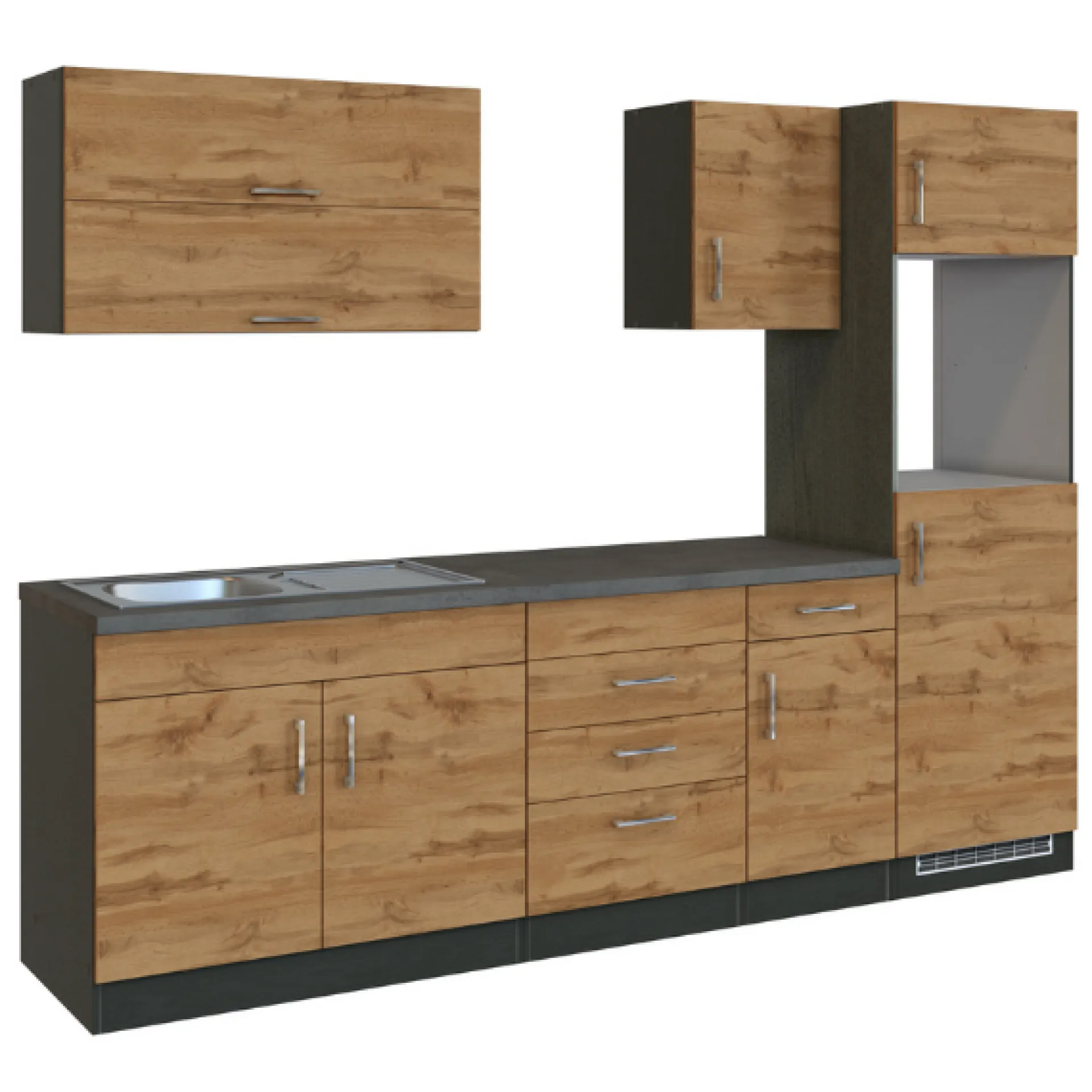 Held Küchenzeile Sorrella 270cm mit Platz für Backofen und Kühlschrank - Eiche/Graphit