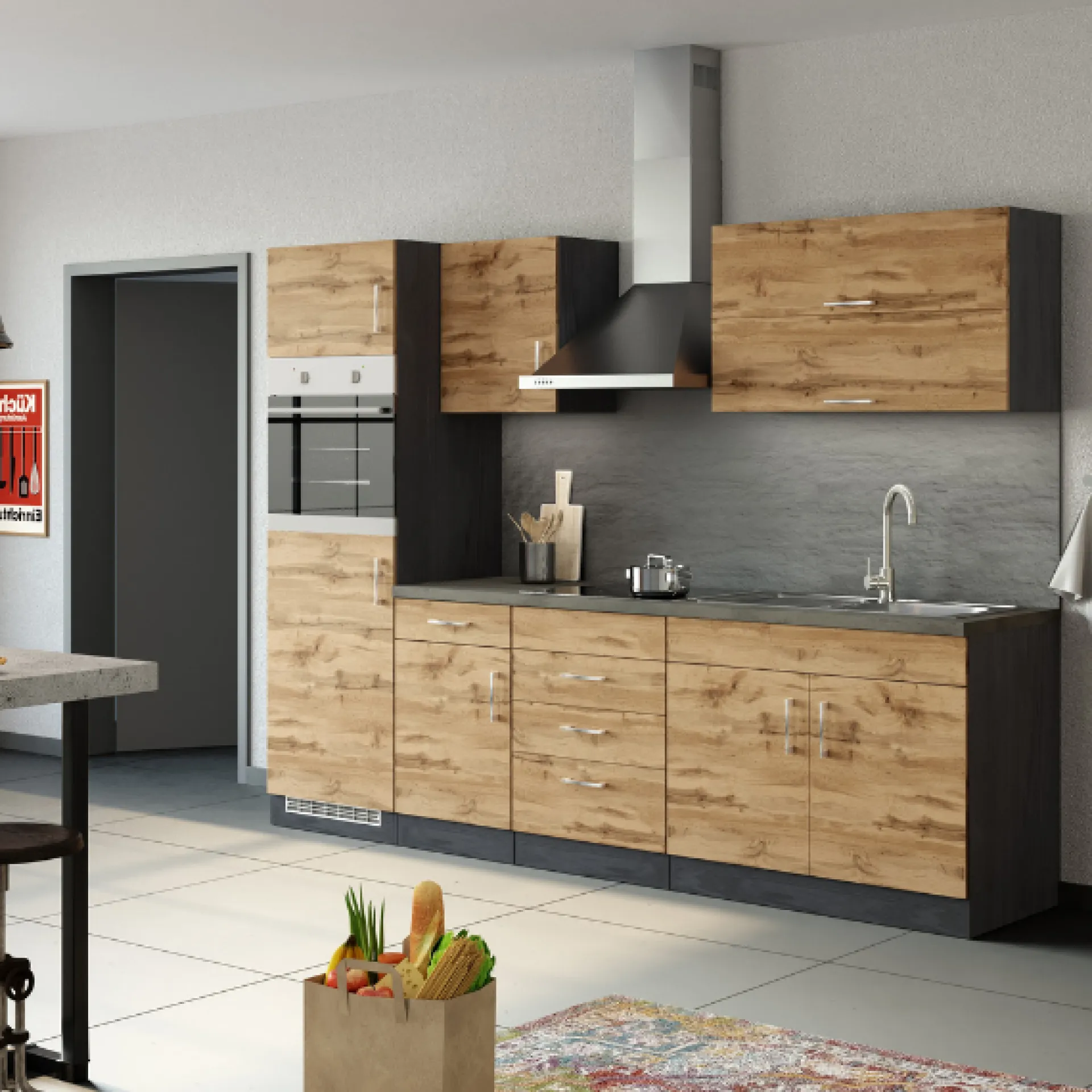 Held Küchenzeile Sorrella 270cm mit Platz für Backofen und Kühlschrank - Eiche/Graphit