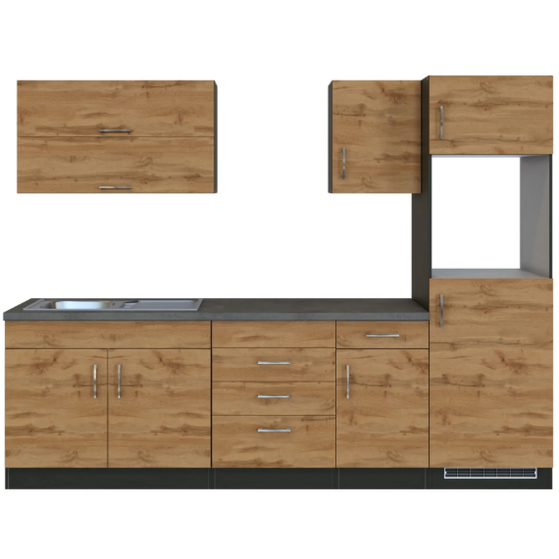 Held Küchenzeile Sorrella 270cm mit Platz für Backofen und Kühlschrank - Eiche/Graphit