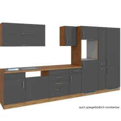 Held Küchenzeile Sorrella 360cm mit Platz für Geschirrspüler, Backofen, Kühlschrank und Gefrierschrank - Anthrazit/Eiche