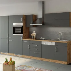 Held Küchenzeile Sorrella 360cm mit Platz für Geschirrspüler, Backofen, Kühlschrank und Gefrierschrank - Anthrazit/Eiche