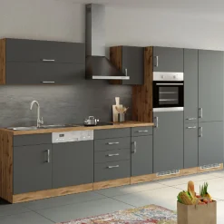 Held Küchenzeile Sorrella 360cm mit Platz für Geschirrspüler, Backofen, Kühlschrank und Gefrierschrank - Anthrazit/Eiche