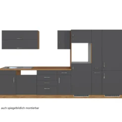 Held Küchenzeile Sorrella 360cm mit Platz für Geschirrspüler, Backofen, Kühlschrank und Gefrierschrank - Anthrazit/Eiche