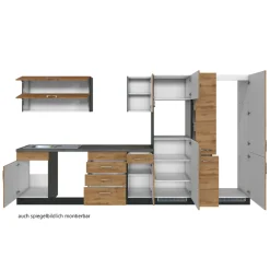 Held Küchenzeile Sorrella 360cm mit Platz für Geschirrspüler, Backofen, Kühl- und Gefrierschrank - Eiche/Graphit