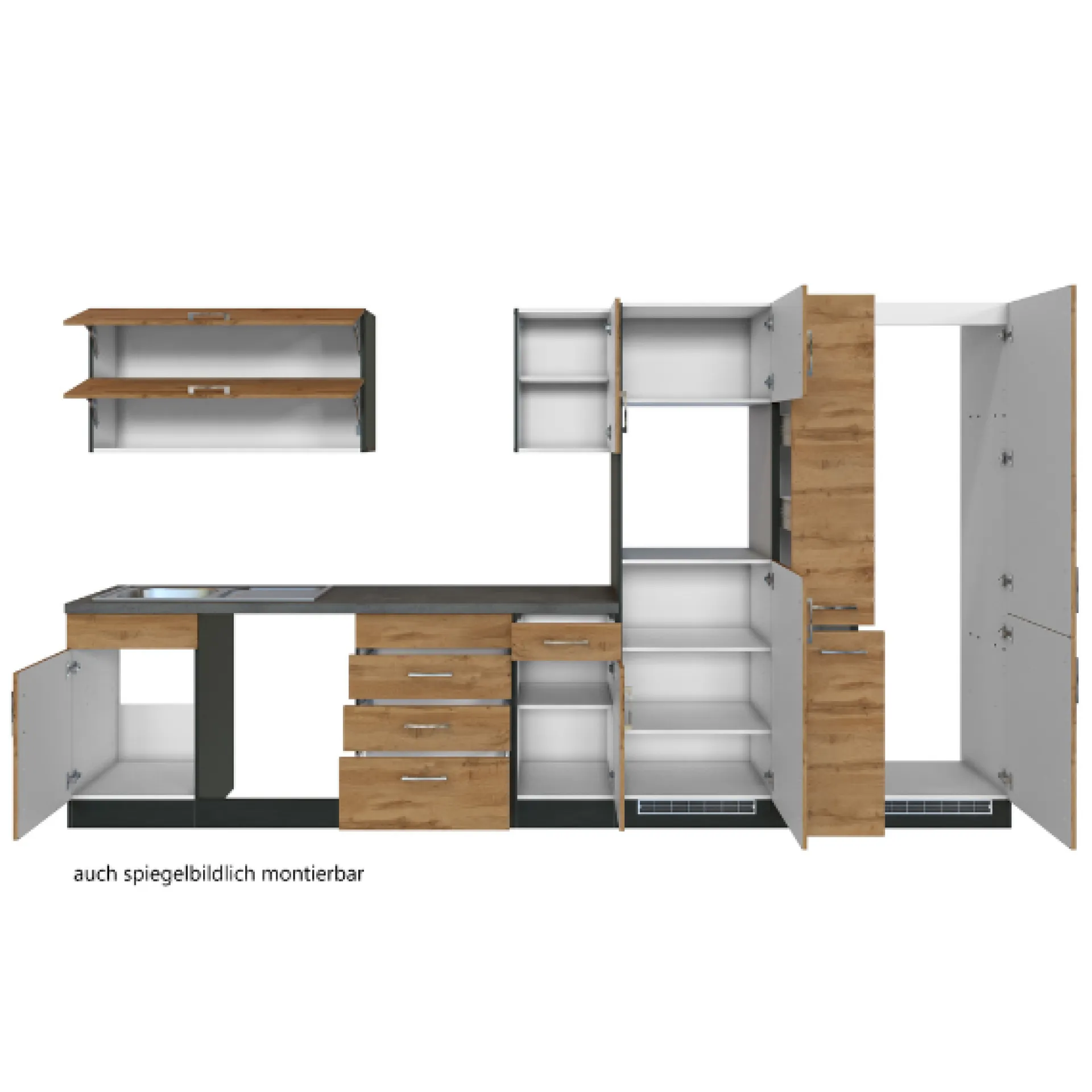 Held Küchenzeile Sorrella 360cm mit Platz für Geschirrspüler, Backofen, Kühl- und Gefrierschrank - Eiche/Graphit