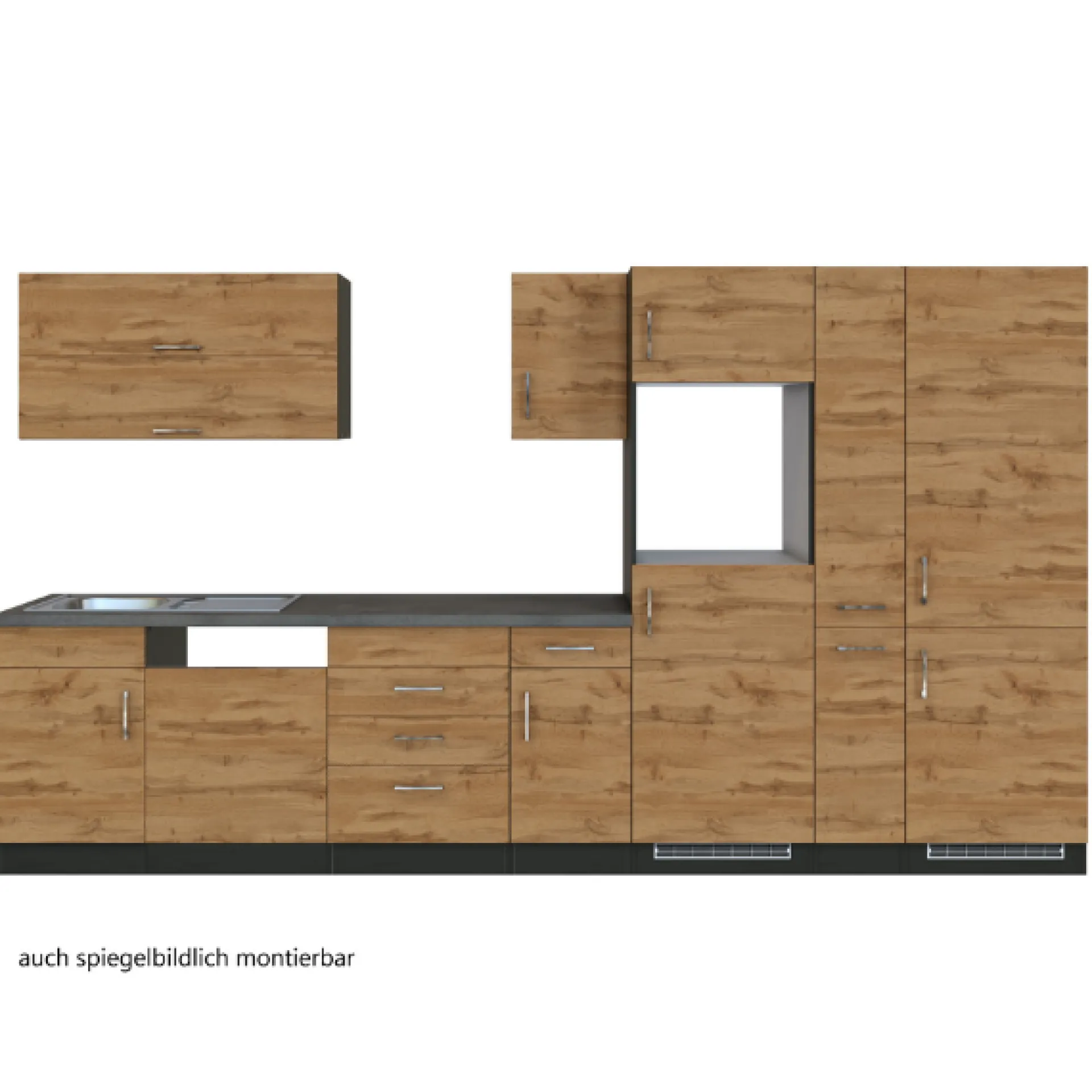 Held Küchenzeile Sorrella 360cm mit Platz für Geschirrspüler, Backofen, Kühl- und Gefrierschrank - Eiche/Graphit
