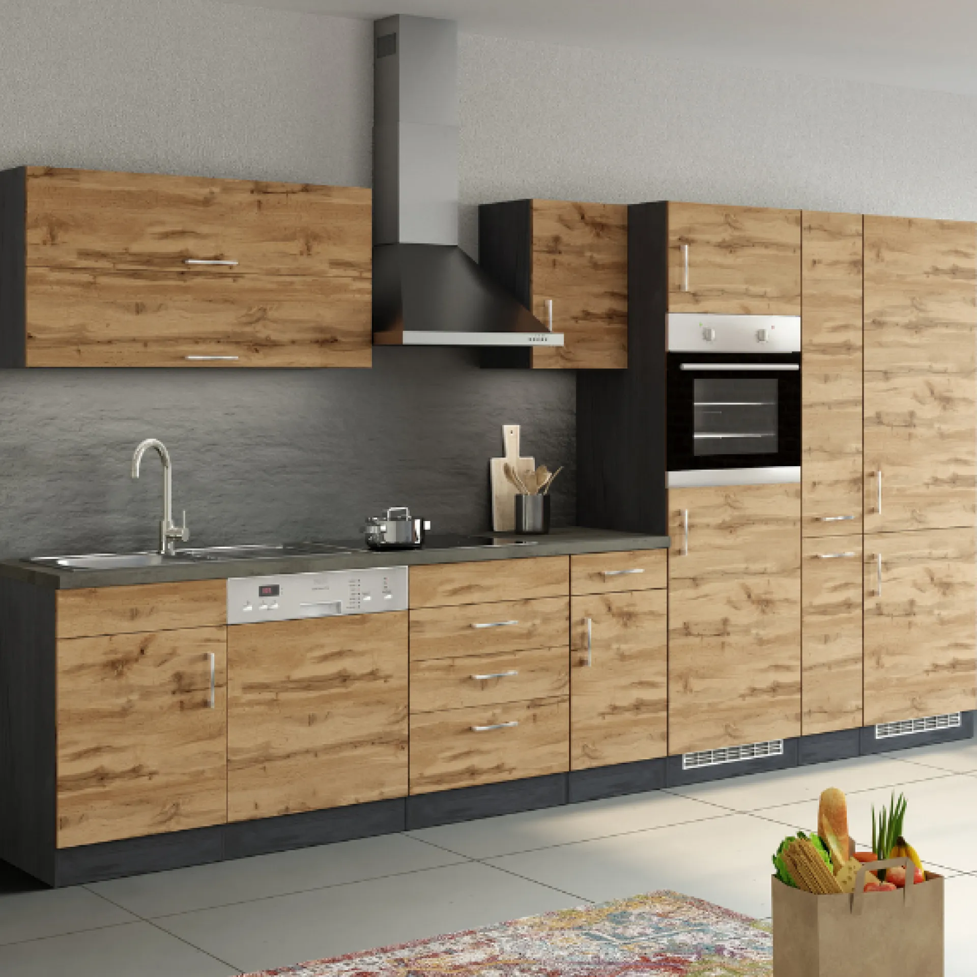 Held Küchenzeile Sorrella 360cm mit Platz für Geschirrspüler, Backofen, Kühl- und Gefrierschrank - Eiche/Graphit