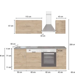 Held Küchenzeile Sorrella 210cm mit Platz für Geschirrspüler und Backofen - Eiche