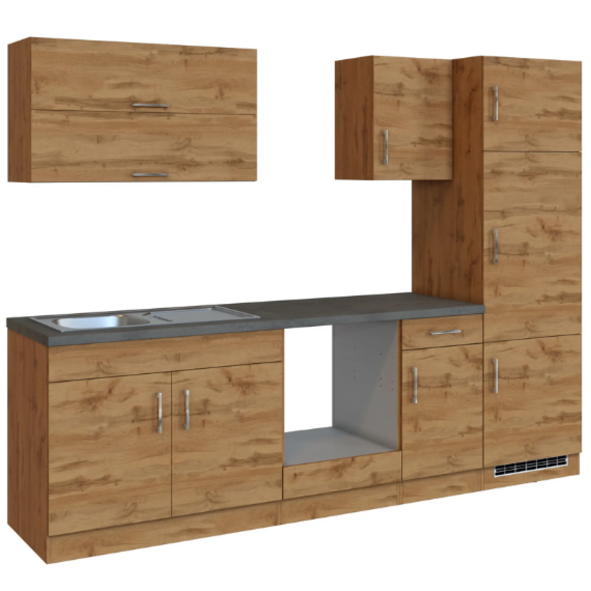 Held Küchenzeile Sorrella 270cm mit Platz für Backofen und Kühlschrank - Eiche