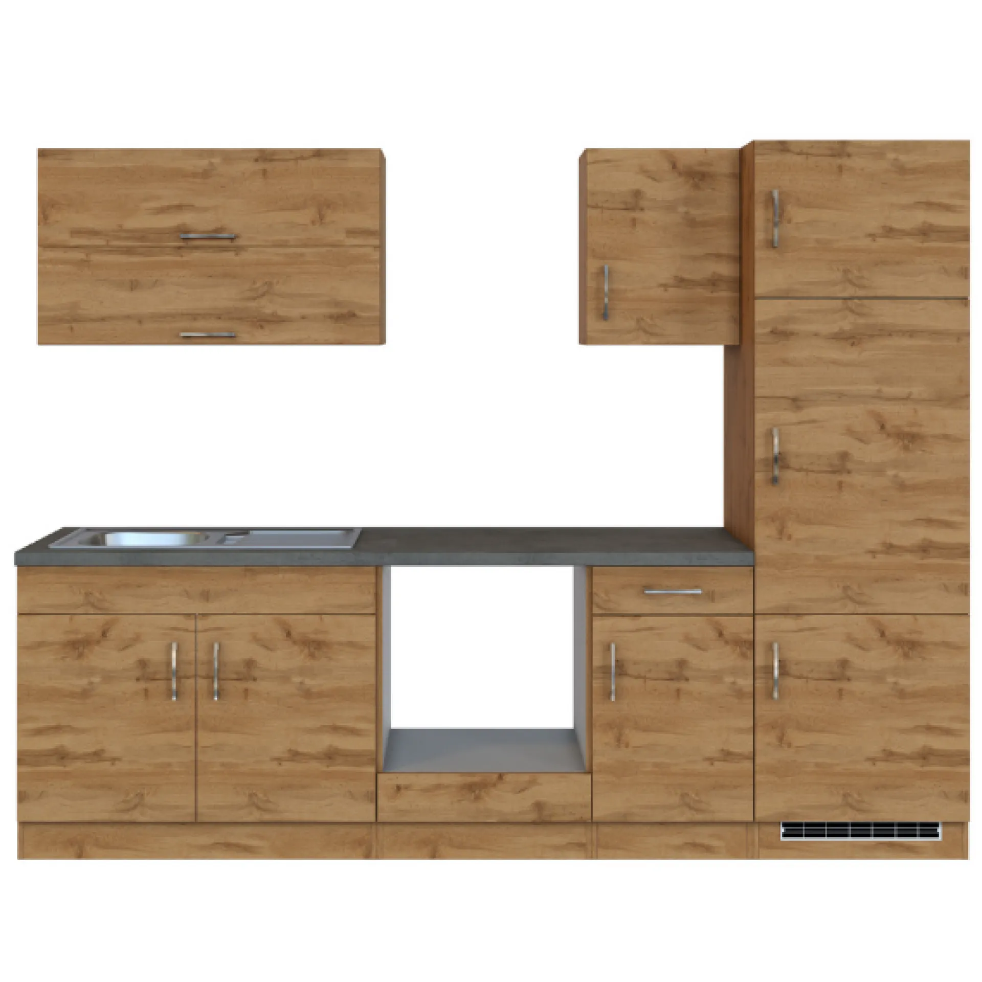 Held Küchenzeile Sorrella 270cm mit Platz für Backofen und Kühlschrank - Eiche