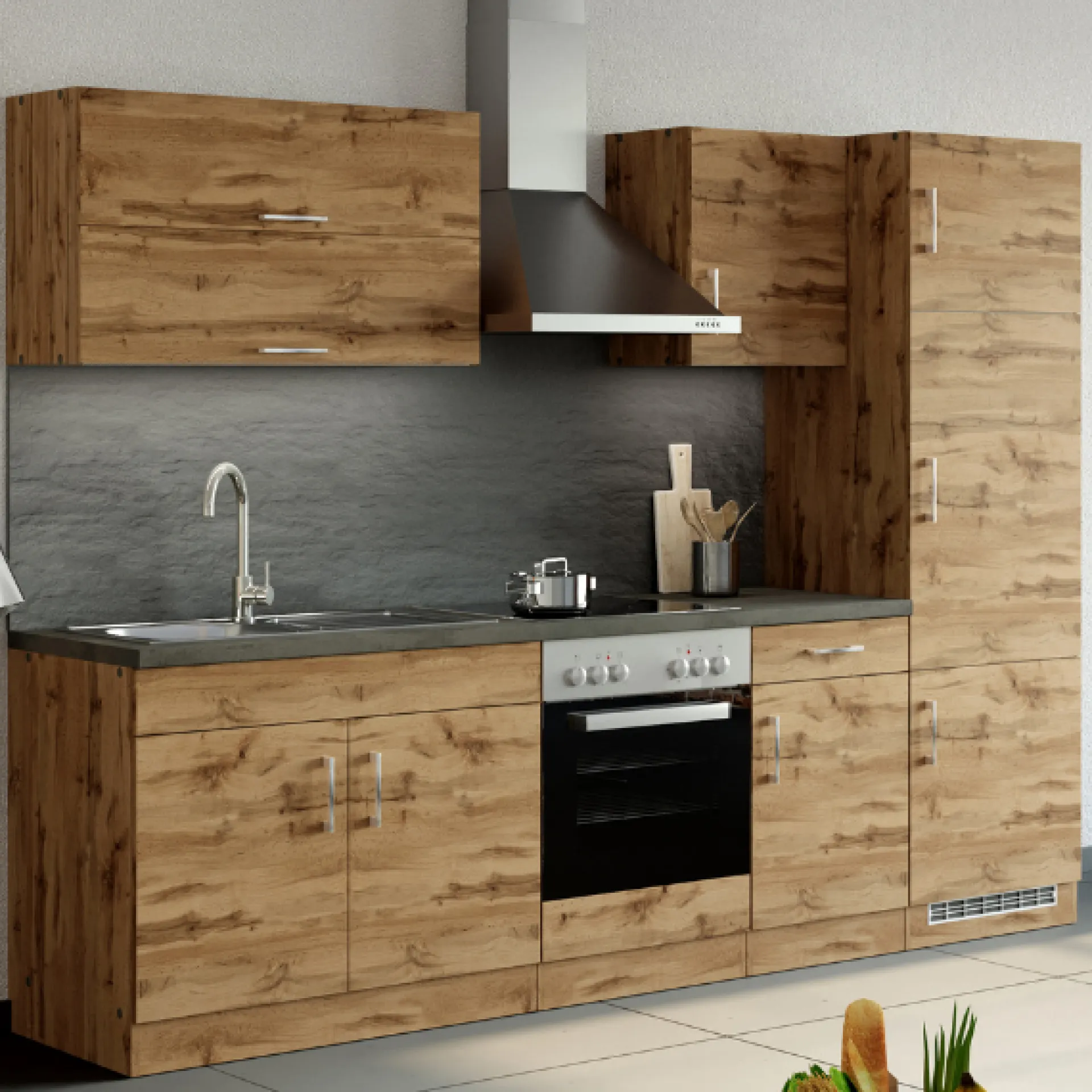 Held Küchenzeile Sorrella 270cm mit Platz für Backofen und Kühlschrank - Eiche