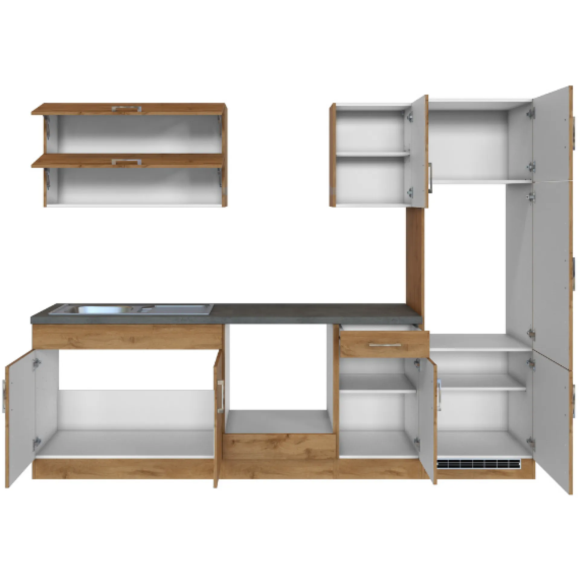 Held Küchenzeile Sorrella 270cm mit Platz für Backofen und Kühlschrank - Eiche