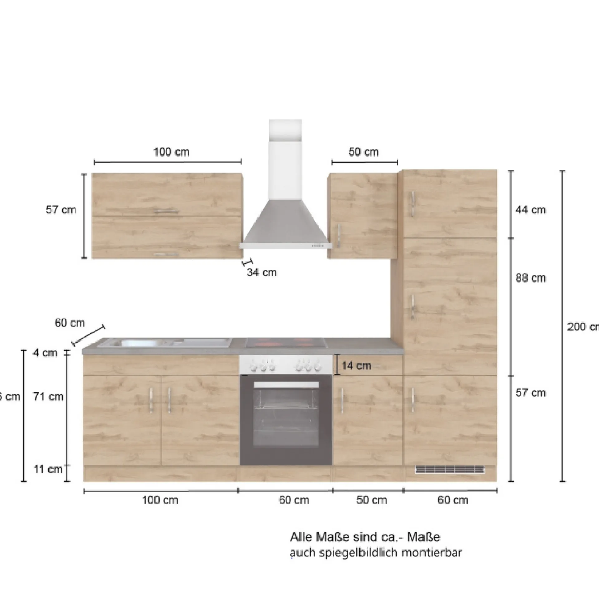 Held Küchenzeile Sorrella 270cm mit Platz für Backofen und Kühlschrank - Eiche