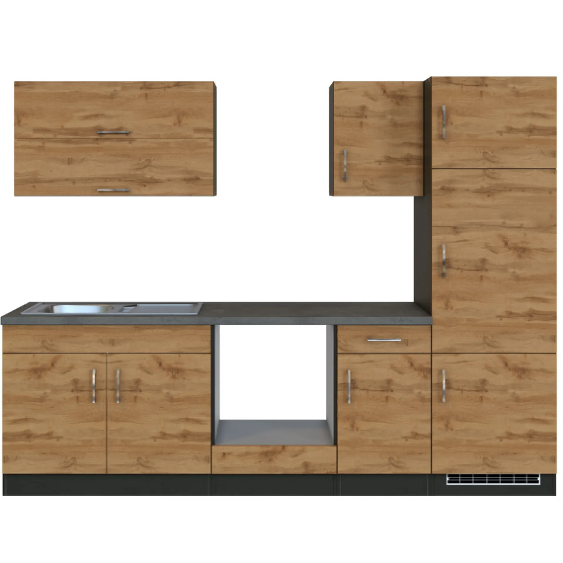 Held Küchenzeile Sorrella 270cm mit Platz für Backofen und Kühlschrank - Eiche/Graphit
