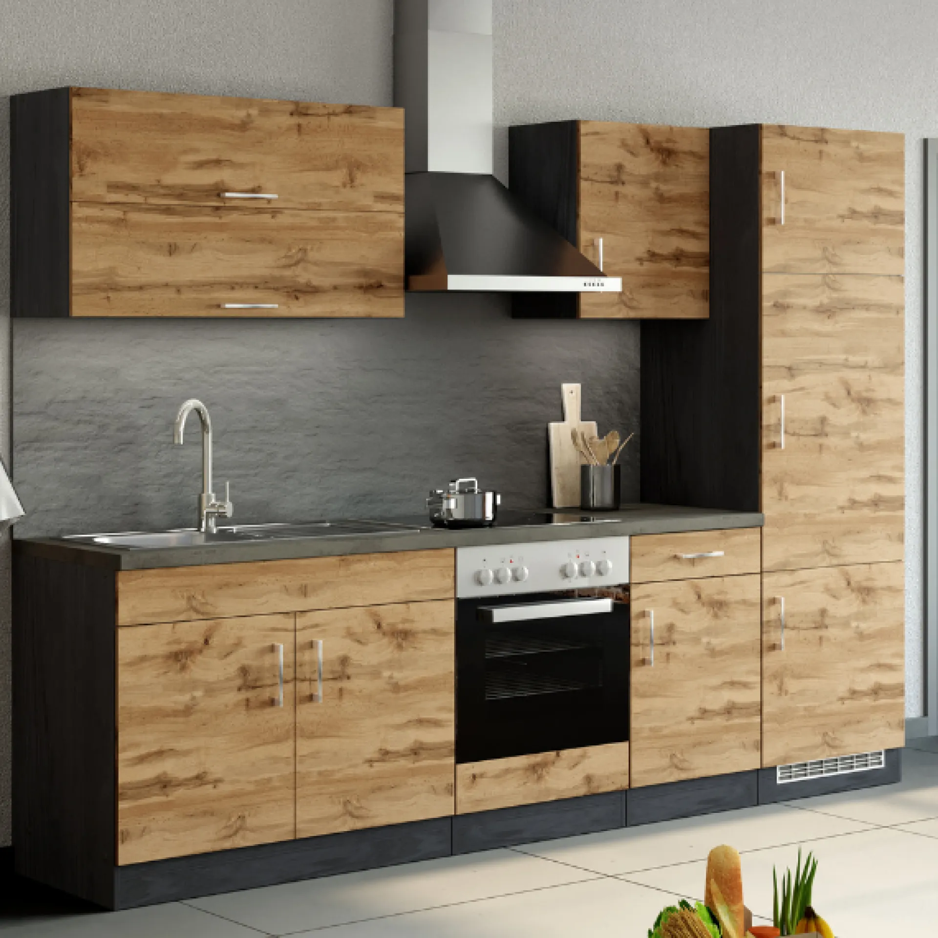 Held Küchenzeile Sorrella 270cm mit Platz für Backofen und Kühlschrank - Eiche/Graphit