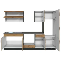 Held Küchenzeile Sorrella 270cm mit Platz für Backofen und Kühlschrank - Eiche/Graphit