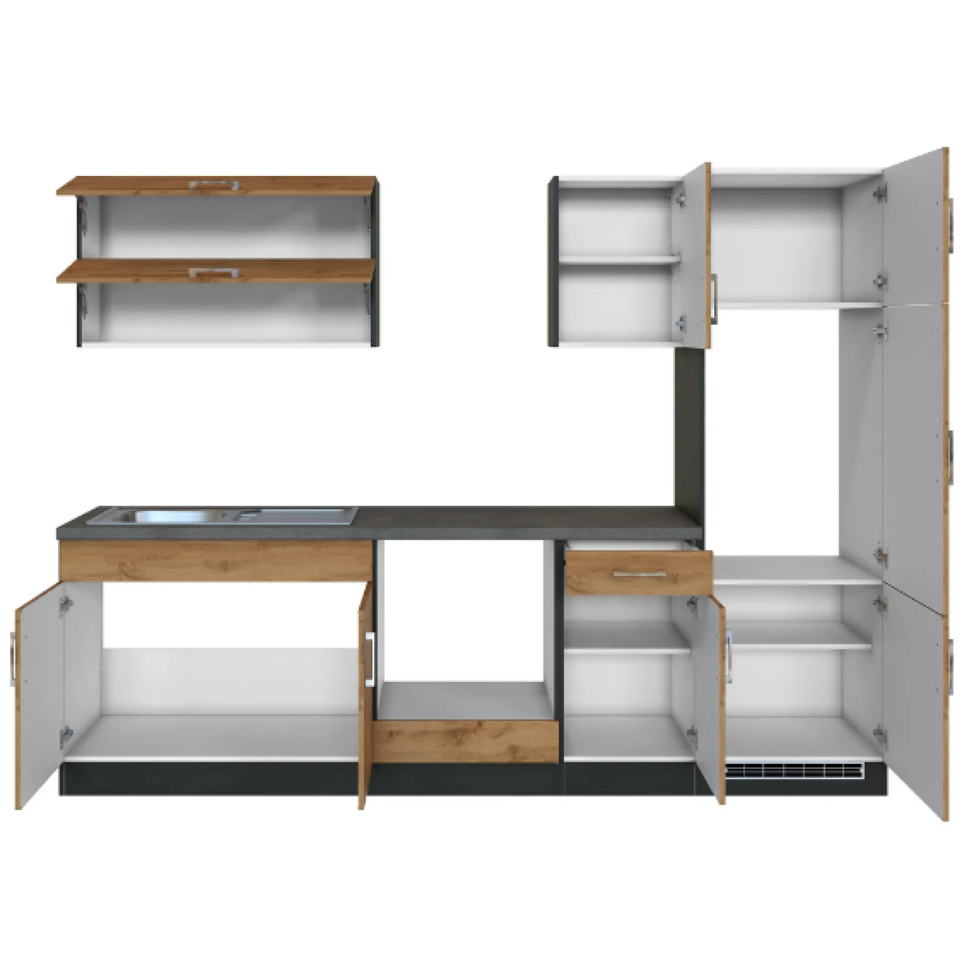 Held Küchenzeile Sorrella 270cm mit Platz für Backofen und Kühlschrank - Eiche/Graphit