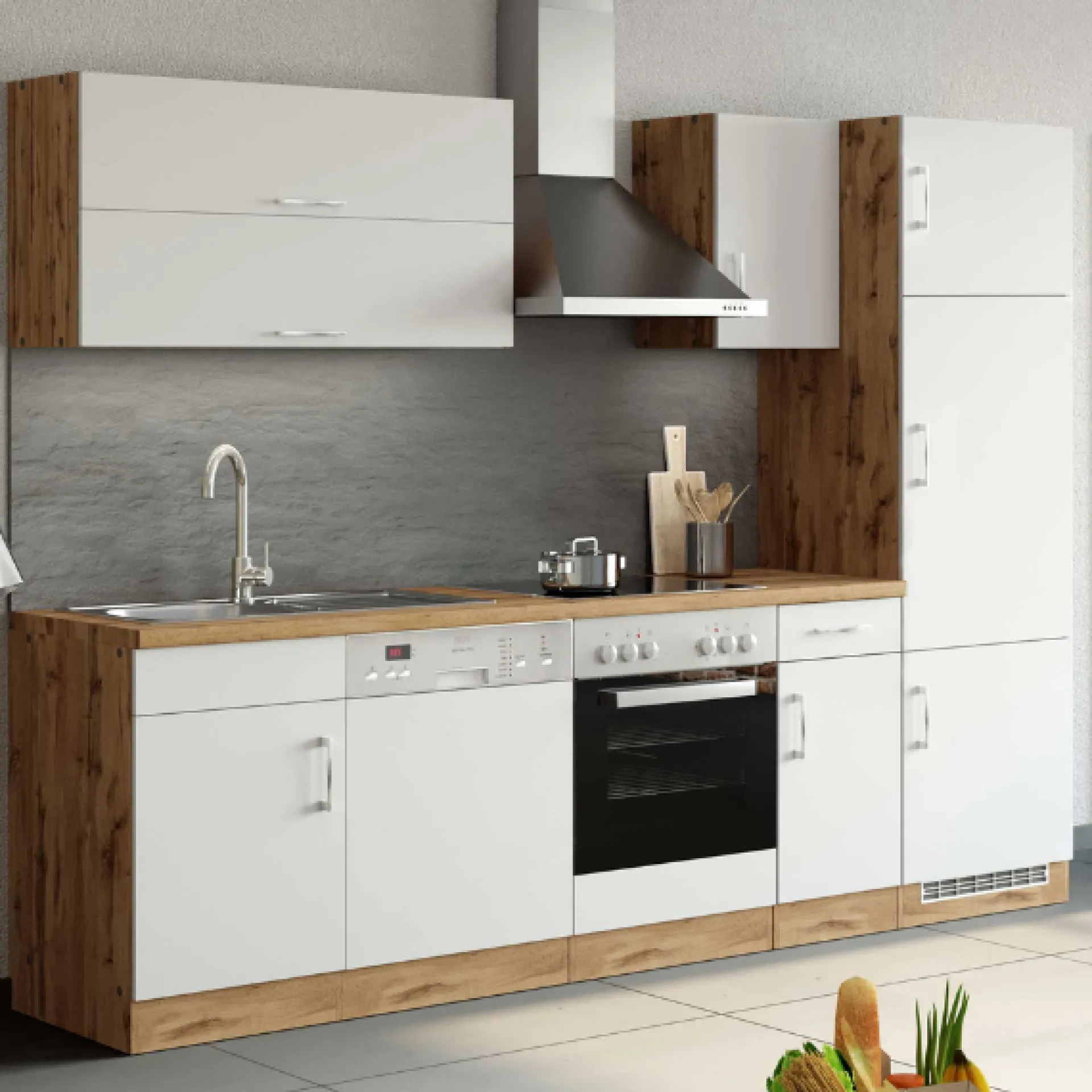 Held Küchenzeile Sorrella 270cm mit Platz für Backofen, Geschirrspüler und Kühlschrank - weiß/Eiche