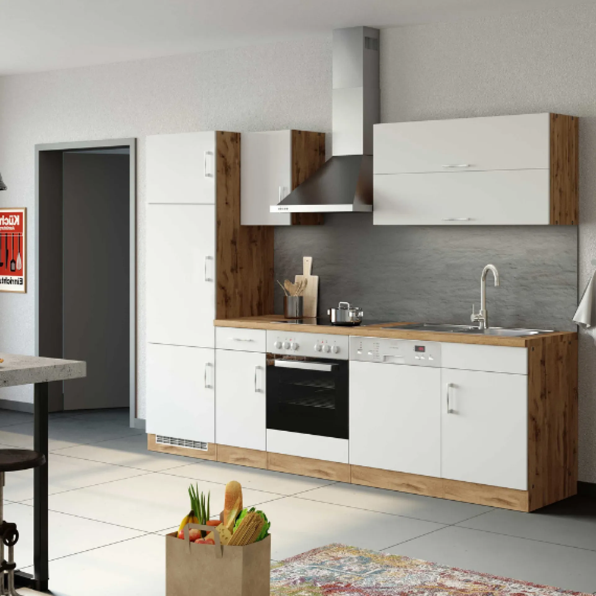 Held Küchenzeile Sorrella 270cm mit Platz für Backofen, Geschirrspüler und Kühlschrank - weiß/Eiche