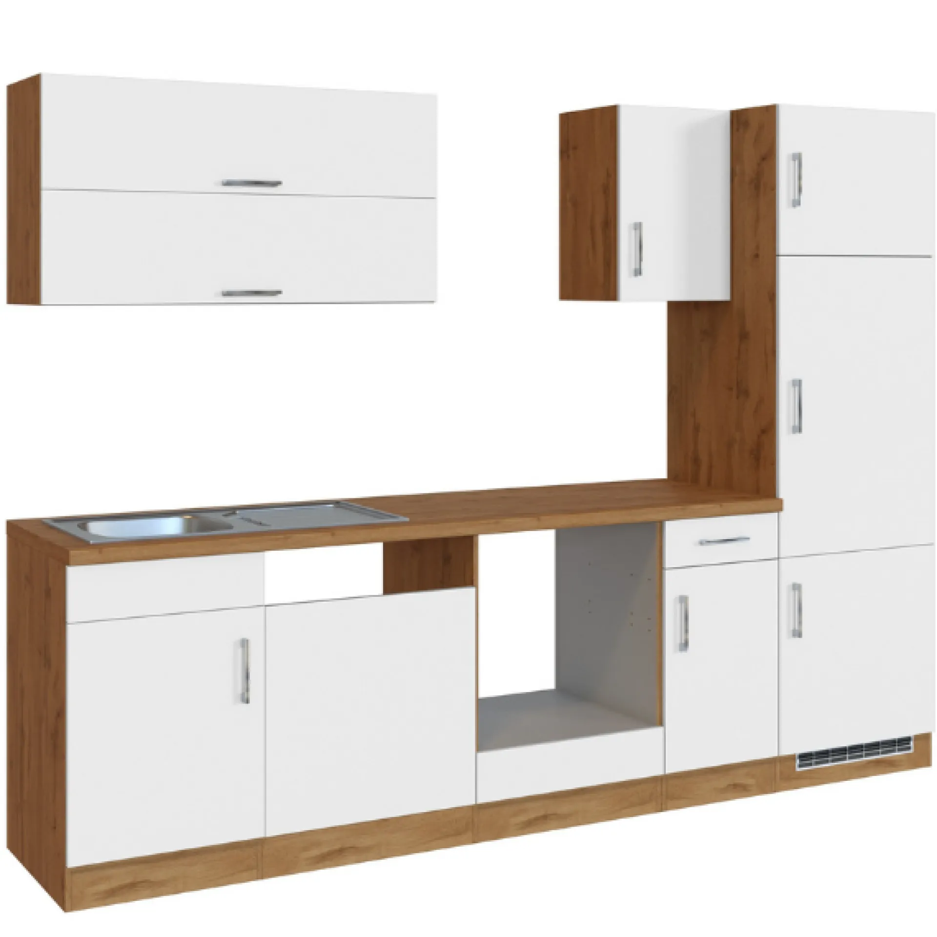 Held Küchenzeile Sorrella 270cm mit Platz für Backofen, Geschirrspüler und Kühlschrank - weiß/Eiche