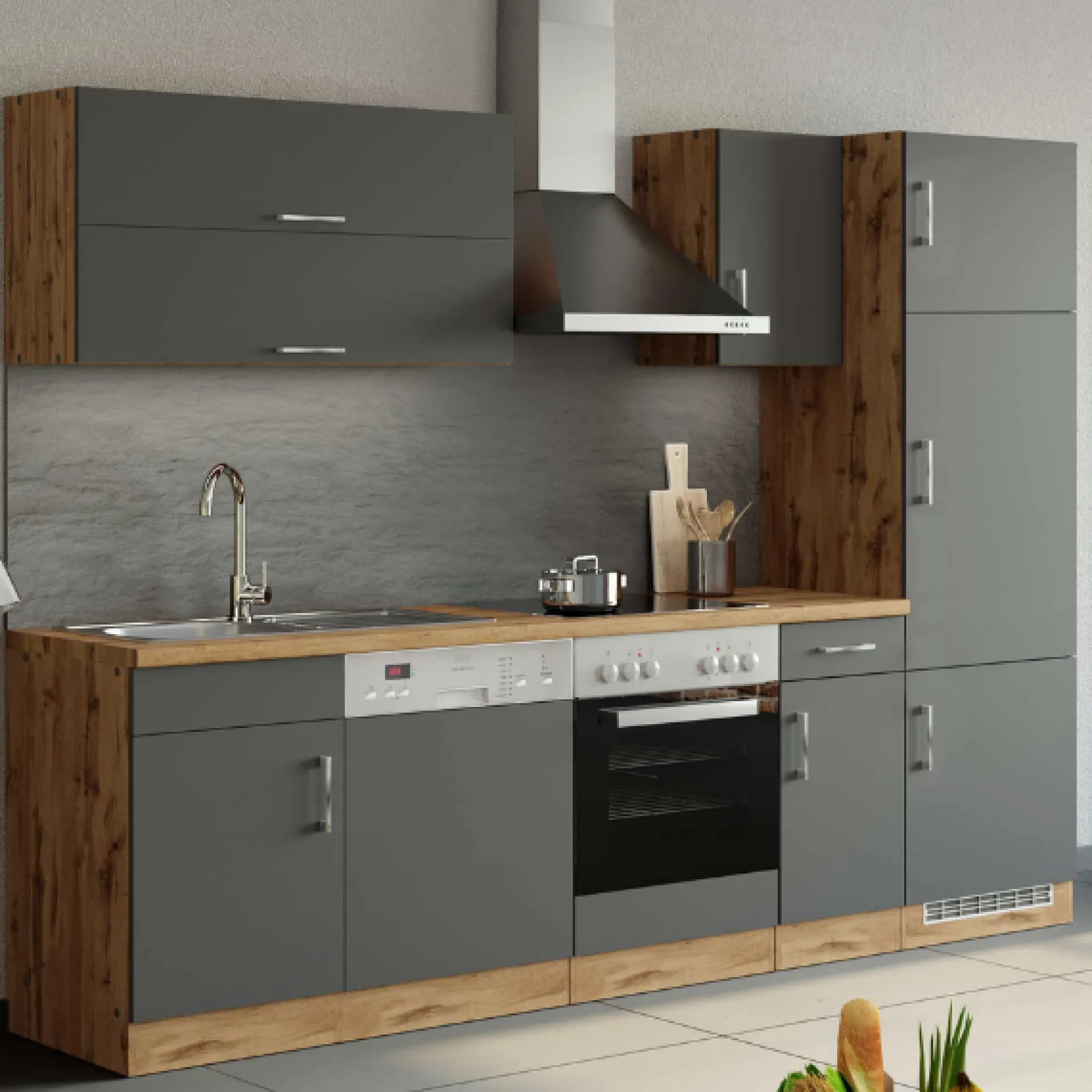 Held Küchenzeile Sorrella 270cm mit Platz für Backofen, Geschirrspüler und Kühlschrank - anthrazit/ocker