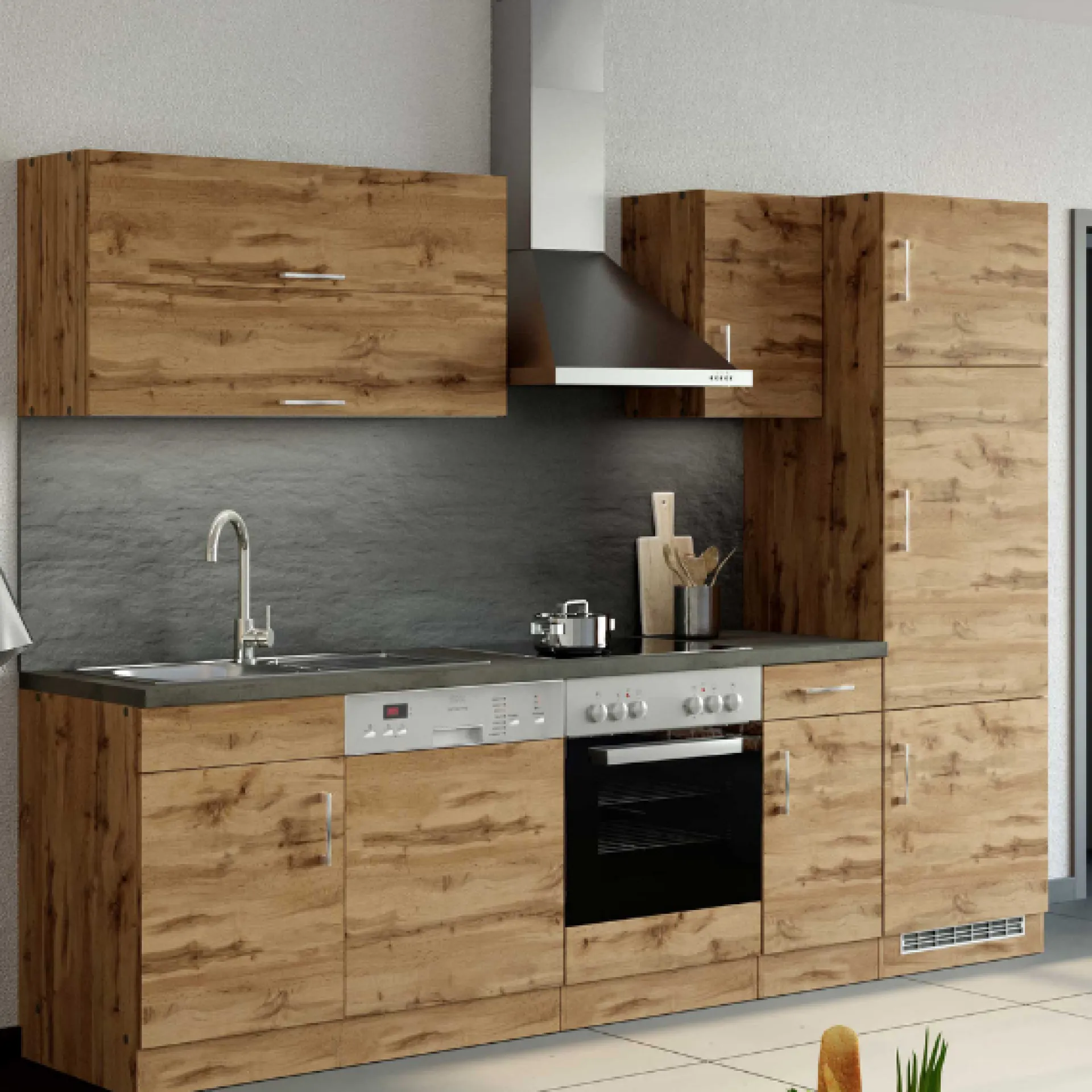 Held Küchenzeile Sorrella 270cm mit Platz für Backofen, Geschirrspüler und Kühlschrank - Eiche