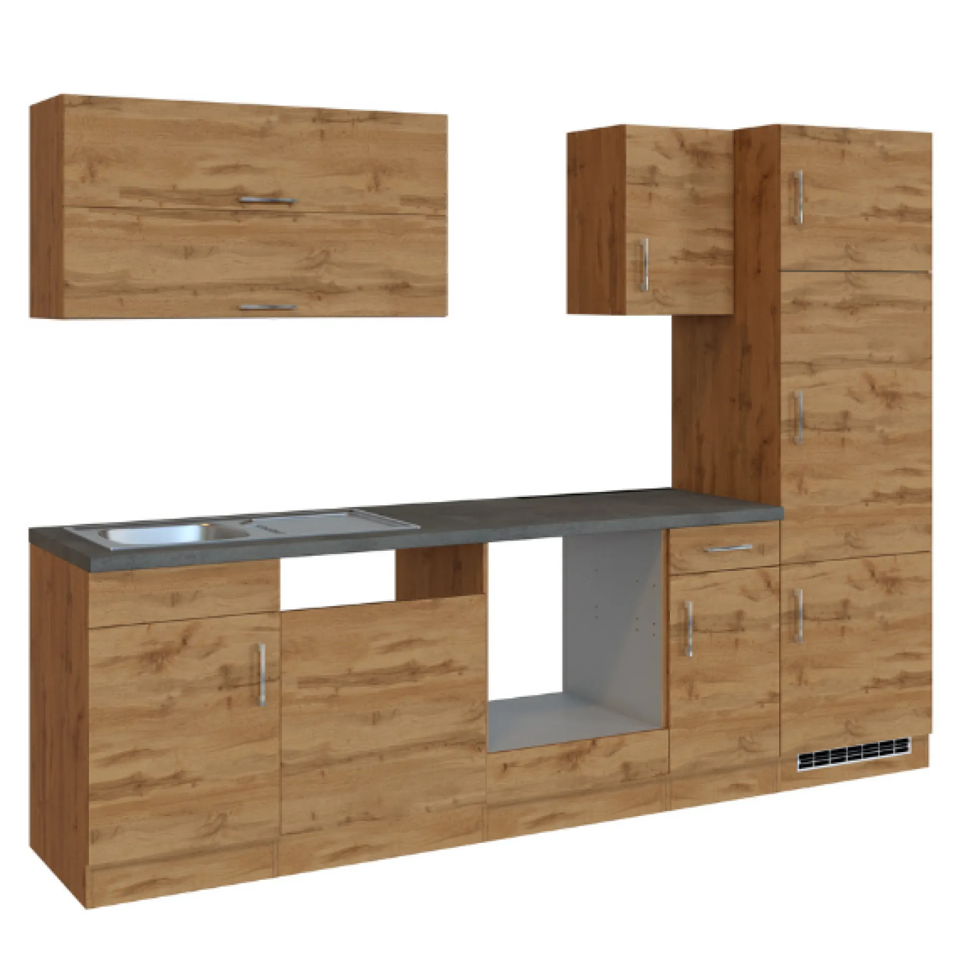 Held Küchenzeile Sorrella 270cm mit Platz für Backofen, Geschirrspüler und Kühlschrank - Eiche