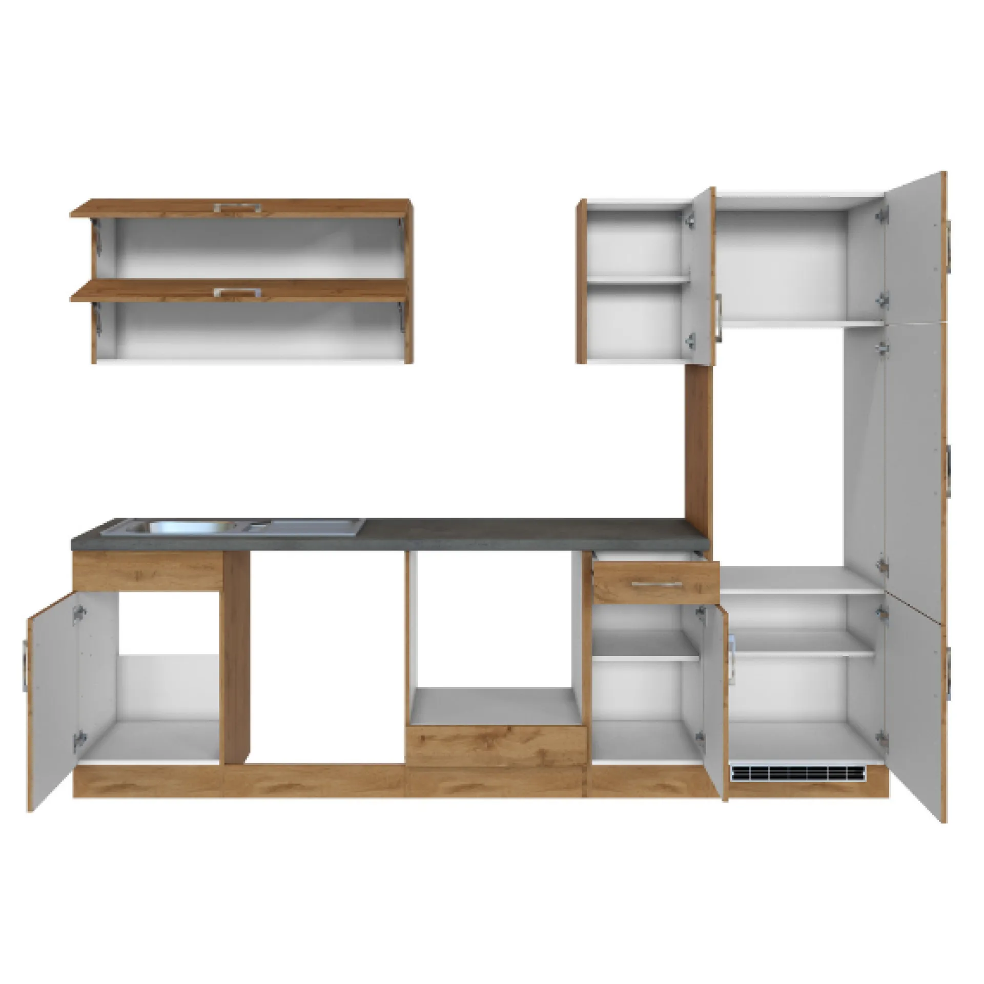 Held Küchenzeile Sorrella 270cm mit Platz für Backofen, Geschirrspüler und Kühlschrank - Eiche