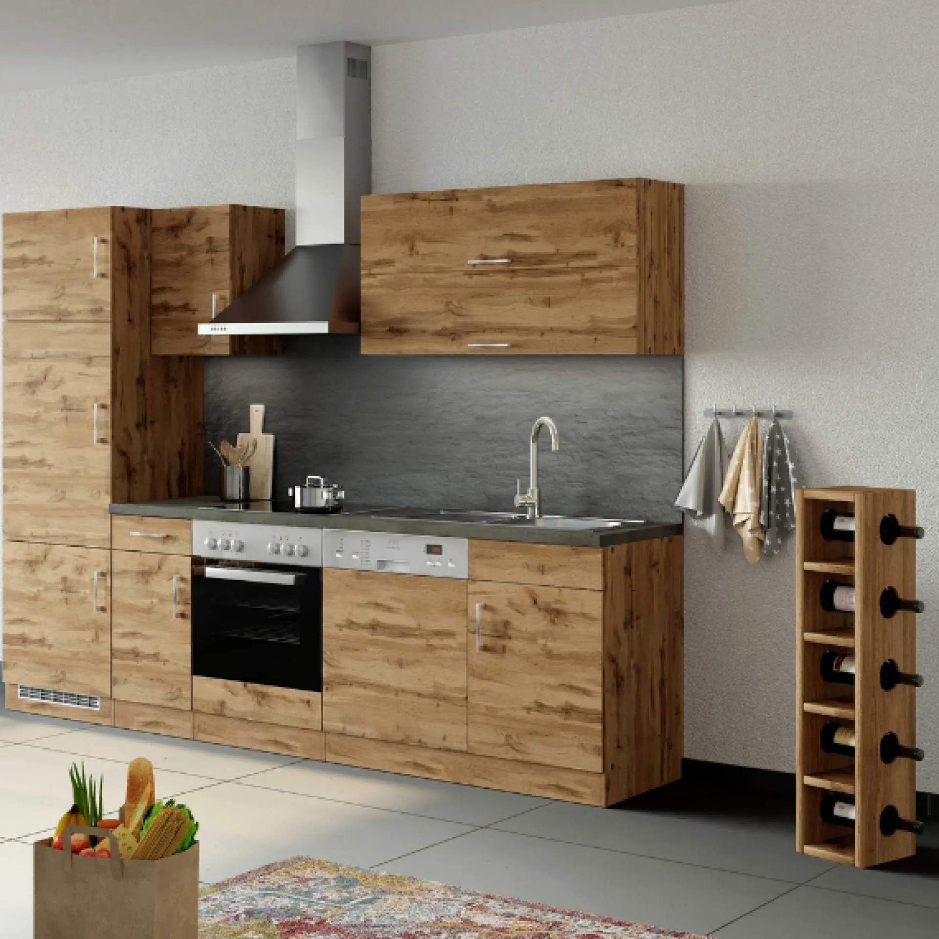 Held Küchenzeile Sorrella 270cm mit Platz für Backofen, Geschirrspüler und Kühlschrank - Eiche