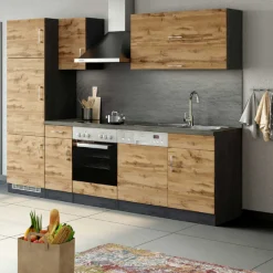 Held Küchenzeile Sorrella 270cm mit Platz für Backofen, Geschirrspüler und Kühlschrank - Eiche/Graphit