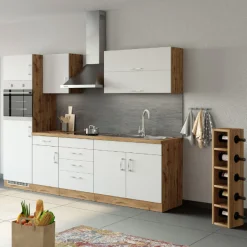 Held Küchenzeile Sorrella 270cm mit Platz für Backofen und Kühlschrank - weiß/Eiche