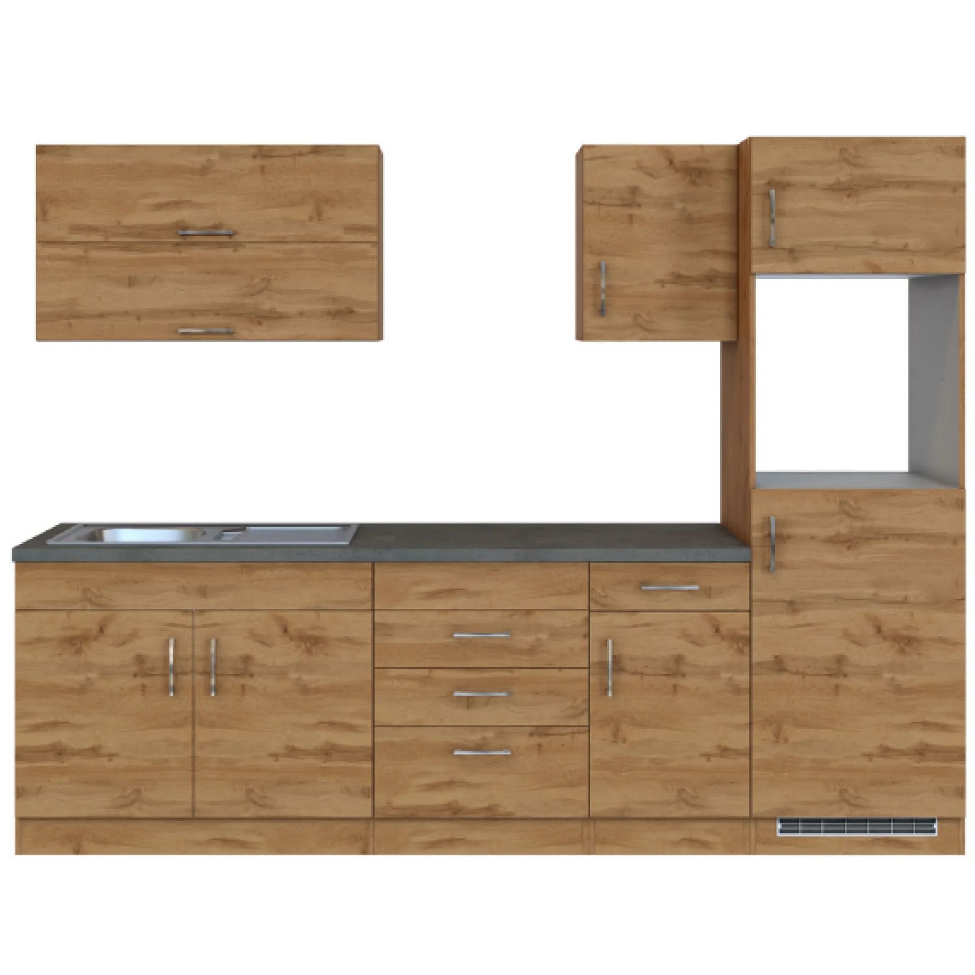 Held Küchenzeile Sorrella 270cm mit Platz für Backofen und Kühlschrank - Eiche