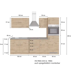 Held Küchenzeile Sorrella 270cm mit Platz für Backofen und Kühlschrank - Eiche