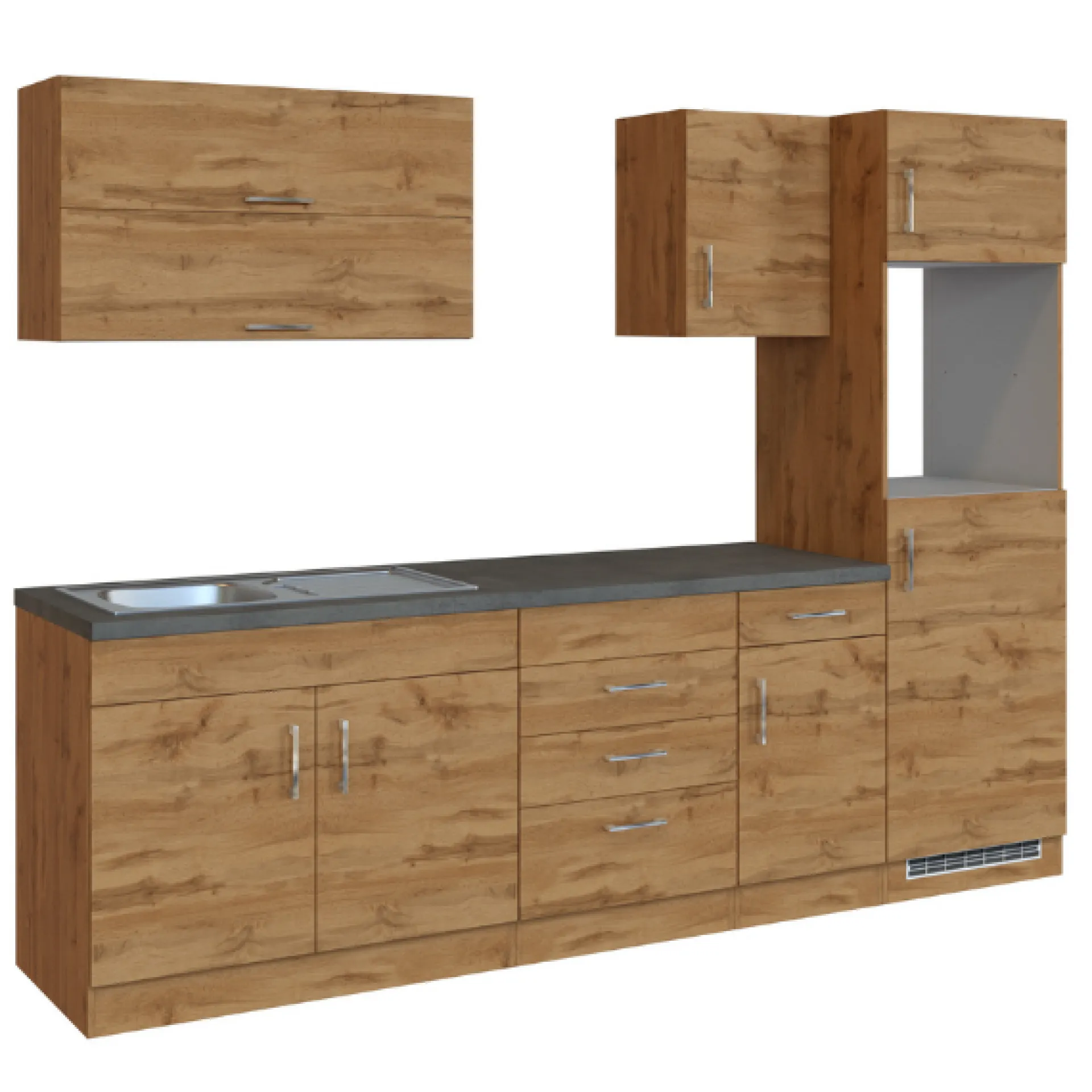 Held Küchenzeile Sorrella 270cm mit Platz für Backofen und Kühlschrank - Eiche