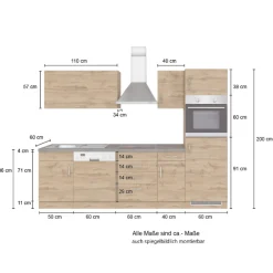 Held Küchenzeile Sorrella 270cm mit Platz für Geschirrspüler, Backofen und Kühlschrank - Eiche
