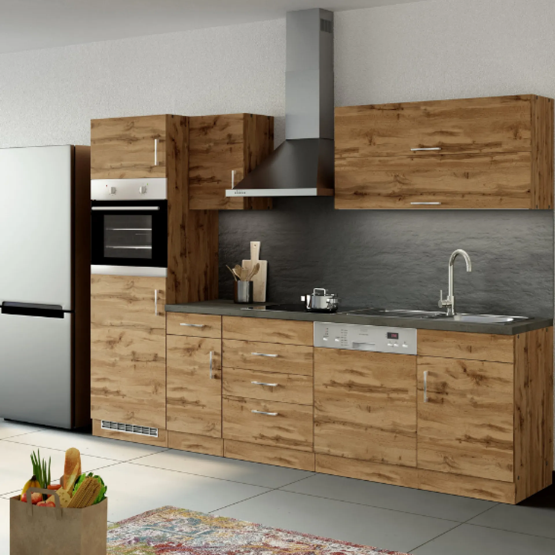 Held Küchenzeile Sorrella 270cm mit Platz für Geschirrspüler, Backofen und Kühlschrank - Eiche