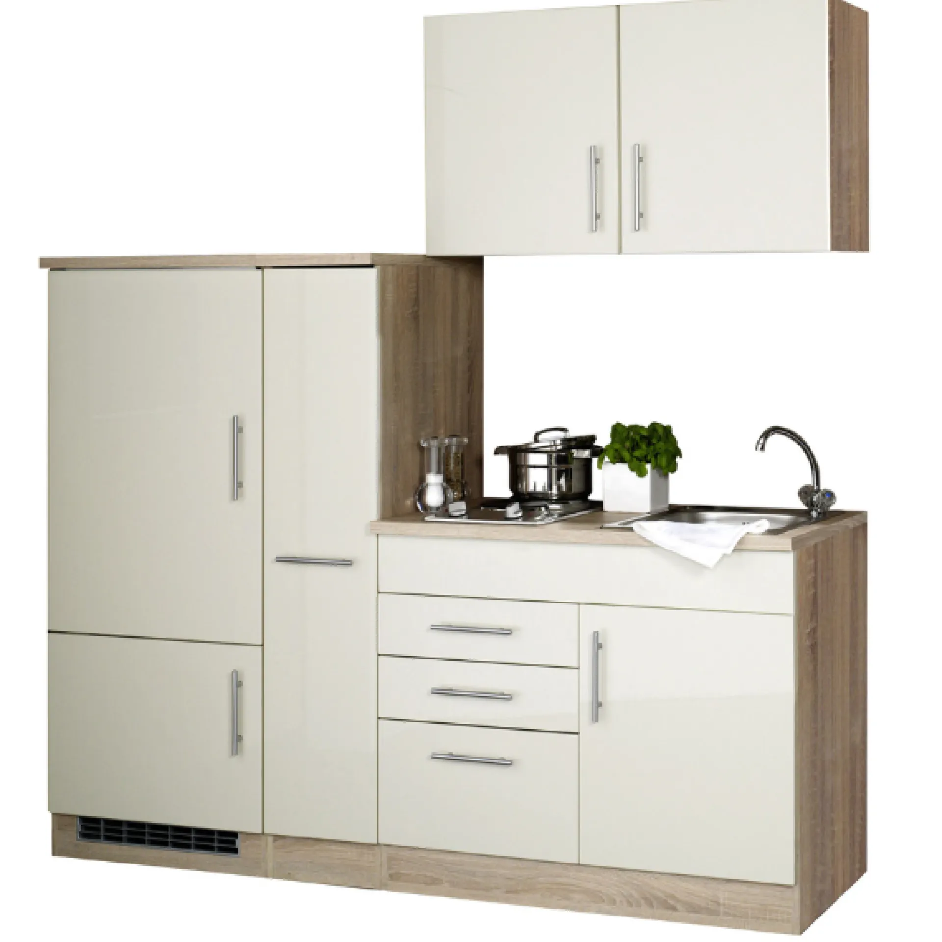Held Küchenzeile Toto 190cm mit Kochfeld und Kühlschrank - Hochglanz creme