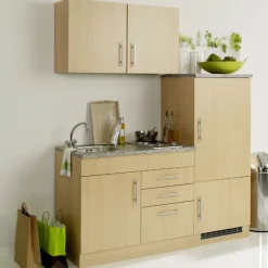 Held Küchenzeile Toto 160cm mit Kochfeld und Kühlschrank - Buche/Marmor